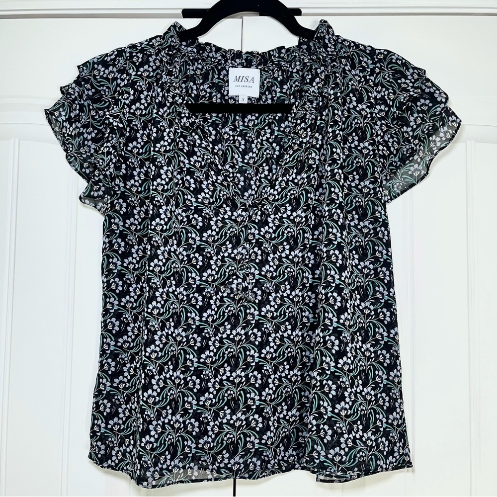 Misa Los Angeles Floral Flowy Short Sleeve Blouse Ruffle Size Small Boho